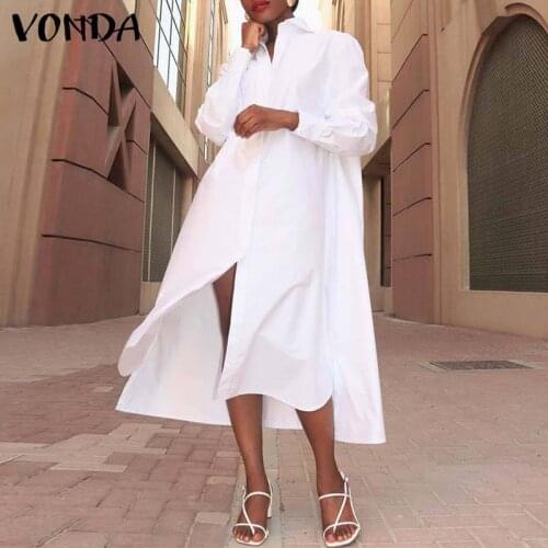 VONDA Autumn Shirt Dress Casual Lapel Button Down Long Dresses Bohemian Vestidos Femme Long Sleeve Irregular Hem Robe Oversized