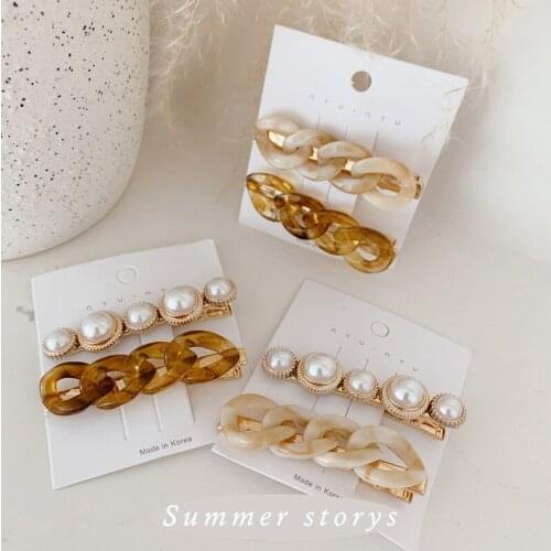 Ultra-fashioned ins wind chain pearl hairpin combination Wild hair card side clip net red bangs clip female Korean hair accessor