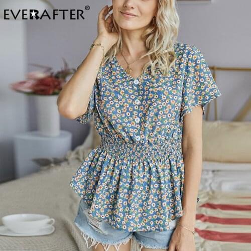 EVERAFTER Floral print women shirt v-neck elastic waist short sweet chic ruffles blouse button summer casual female boho blusas