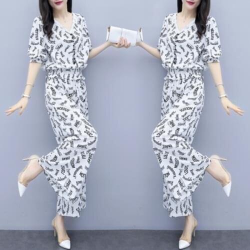 2021 Summer New Women Suit V-neck Printed T Shirt Fashion Casual Loose Wide Leg Pants And Crop Top Two Piece Set Chiffon Clothes