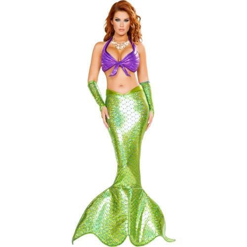 Woman Halloween Mermaid Costumes Cosplay Sexy Bikini+Mermaid Tail Skirt + Sleeve Suit Carnival Role Play Party Dress C70843AD