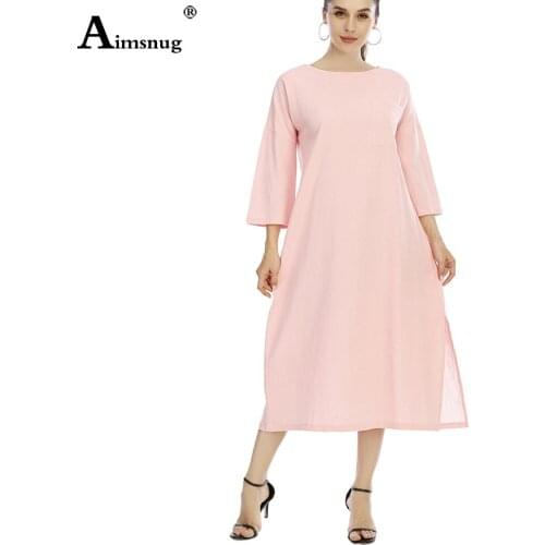 Plus size 4xl 5xl Women Elegant Long Dress 3/4 Sleeve Solid Cotton Linen Party Dresses Splited Ladies Vintage Loose Maxi Dress