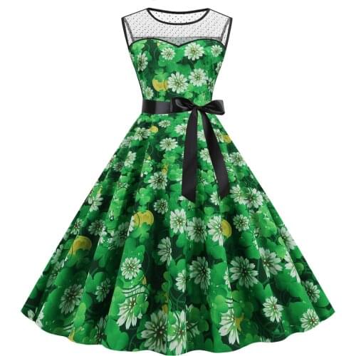 Womens St. Patricks Day Sleeveless Elastic Sashes Lolita A-line Sukienka Sleeveless Patchwork Vestidos Mid-calf Femme Robe