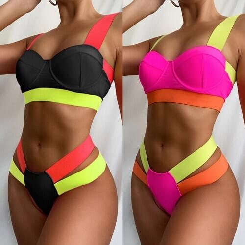 2021 Contrast Color Womens Swimsuit Sexy Felmale Swimwear High Elastic Bandage Bikini With Steel Brace Bra Pad Bathing Suit