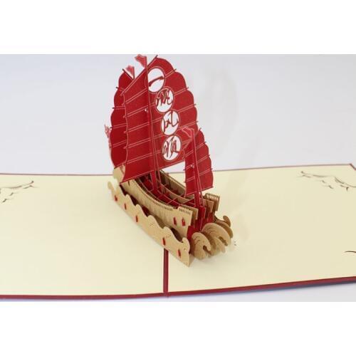 3D Handmade Chinese YI FAN FENG SHUN Boat Everything Is Going Smoothly Sailing Ship Paper Greeting Cards PostCard Bussiness Gift