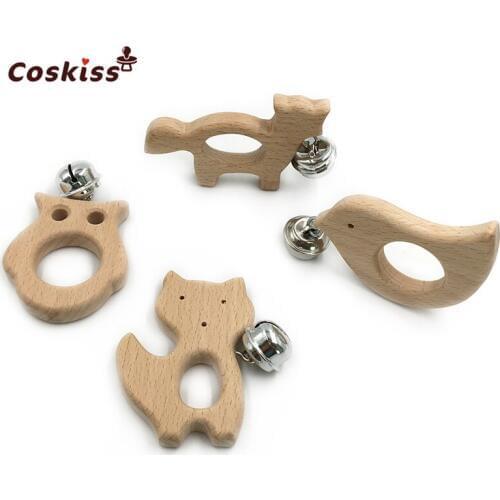 4pc Baby Teether Bells DIY Eco-Friendly Safe Newborns Enlightenment Toys Beech Wooden Wolf-Bird-Fox-Owl Handmade Wooden Teether