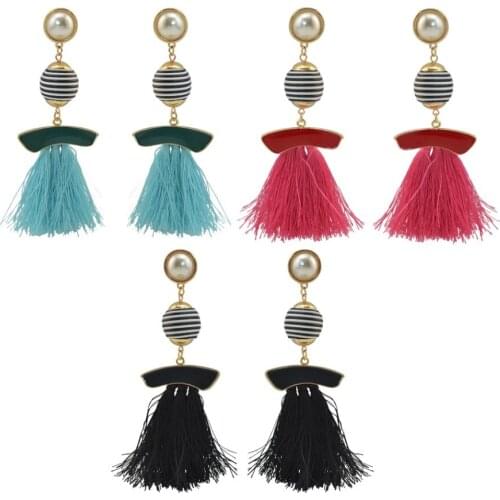 Bohemian Vintage Simulated Pearl Long Tassel Fringe Drop Earring Pendientes Pom Pom Earings For Women African Tribal Jewelry