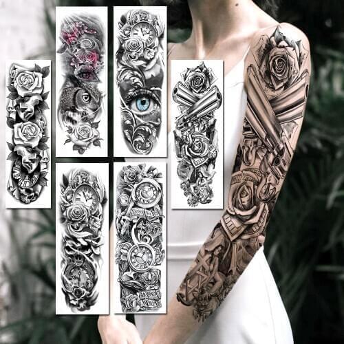 Black Gun Rose Angle Temporary Tattoos Sticker Realistic Fake Full Arm Evil Eyes Clock Mask Large Sleeve Tattoos For Women Men