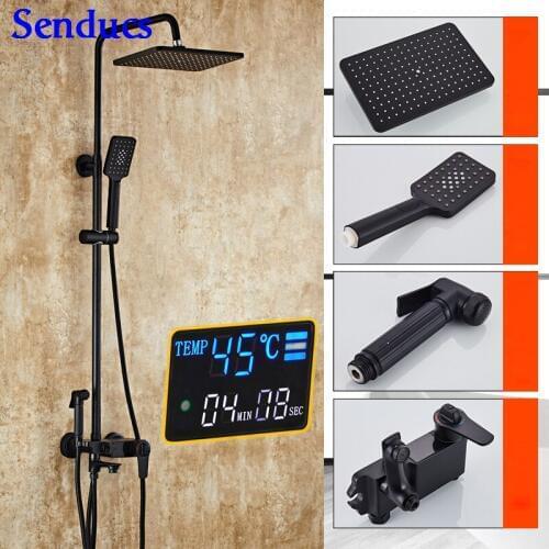 Senducs Digital Shower Set Luxury Black Bathroom Shower System Newly Intelligent Square Shower Head Bathroom Black Shower Set