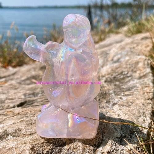 Angel Aura Natural Crystal Mermaid Figurine Carved Rose Quartz Statue Healing Crystals Feng Shui Aesthetic Room Decor Reiki Gift