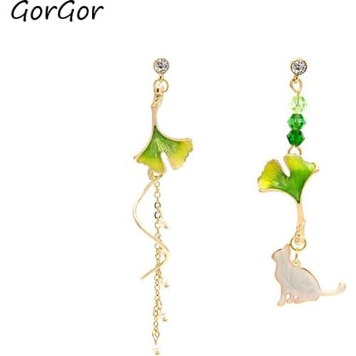 GorGor Dangle Earrings Women Alloy Pattern Acrylic Ginkgo Leaf Cat Tassel Long Creative Exquisite Engagement Gift EZ-1125