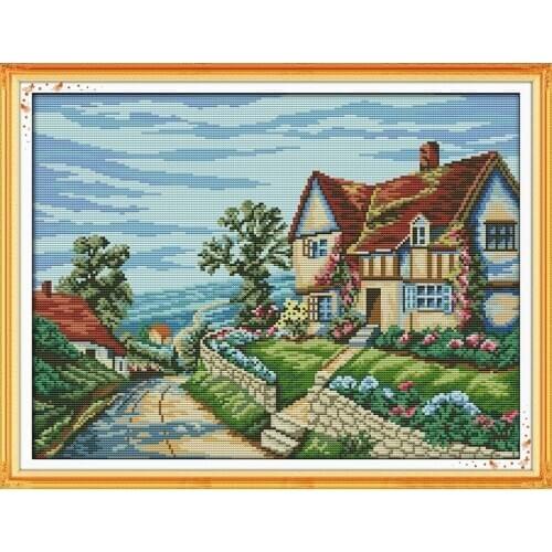Beautiful Village Scenery Cotton Cross-Stitching 11CT Printed Handmade Cross Stitch Set Cross-stitch Kits Embroidery Needlework
