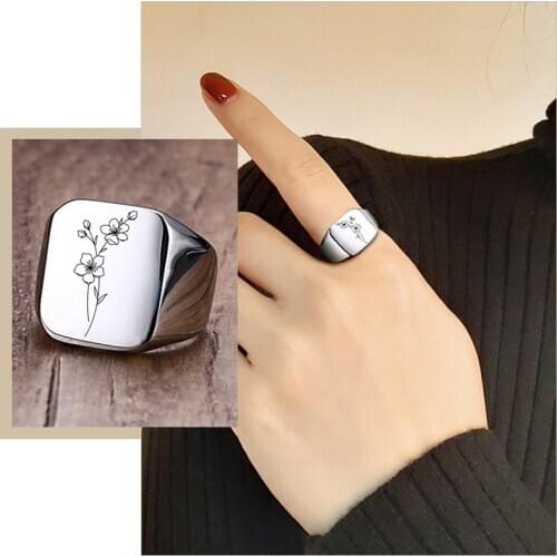 Dainty Personalized Birth Flowers Signet Rings for Women Anti Allergy Stainless Steel Engraved Birthday Gifts for Her Jewelry