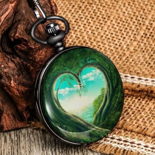 Pocket Watch Men Women Exquisite Heart Shaped Green Forest Quartz Big Dial Black Alloy Cover Rough Chain Pendant Love Necklace