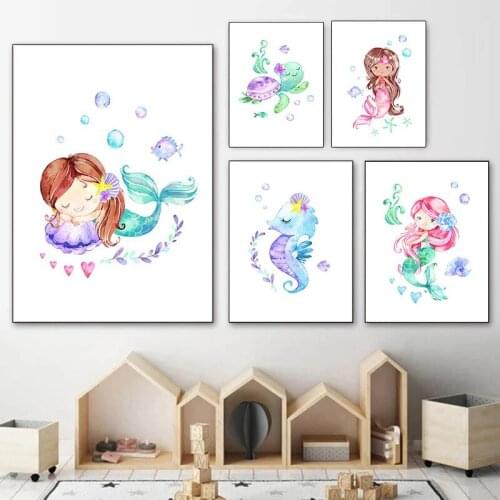Disney Animal Cartoon Canvas Paintings Mermaid Turtle Seahorse Fish Posters and Prints Wall Art Pictures for Living Home Decor