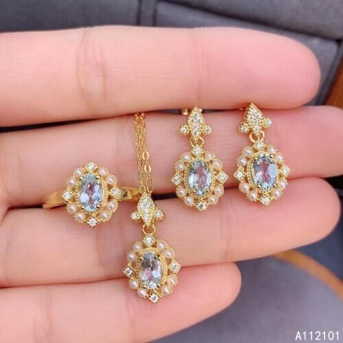 KJJEAXCMY fine Jewelry 925 sterling silver inlaid natural Aquamarine popular pendant ring earring set support test Chinese style
