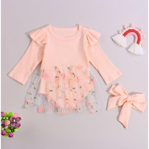 Newborn Baby Girls Rompers Mesh Dress Infant Summer Outfits Flower Mesh Long Sleeve Jumpsuits+ Hairband 0-24 Months Outfits