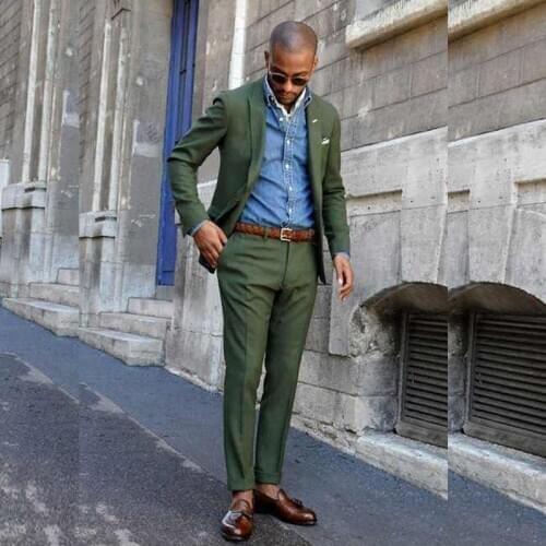 Hunter Green Slim Fit Mens Prom Suits Two Pieces Peaked Lapel Wedding Suits For Men One Button Tuxedos Blazers Jacket and Pants