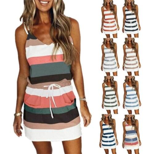 Mini Sexy Dress 2021 Fashion Stripe Drawstring Dress Summer Dress Loose Sleeveless Dress Womens Comfortable Casual Outfits Wear
