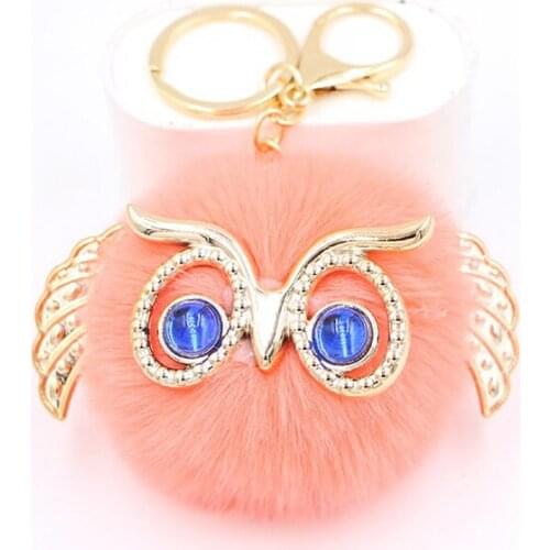 New Cute Cartoon Owl Pompom Keychain Fluffy Rabbit Fur Plush Ball Pendant Keychain Women Bag Car Chain Charm Pendant Decor Gifts