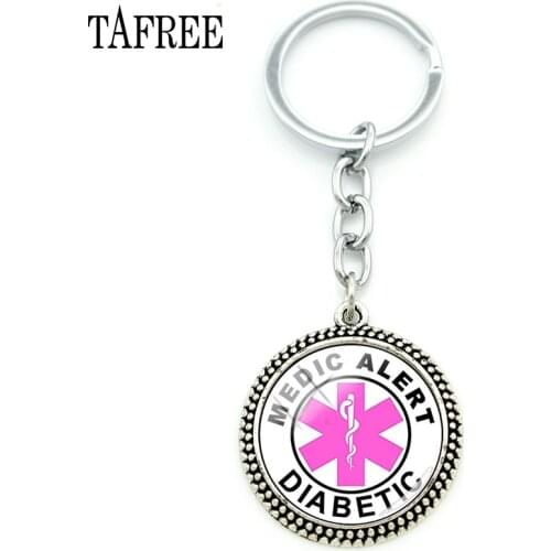 TAFREE Medical Alert round Key Ring with chain DIABETES Emergency glass pendant Key Holder jewelry health gift for Diabetic MA52