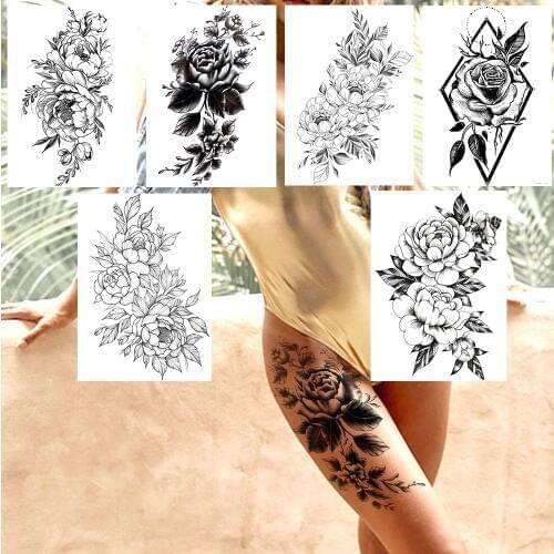 Black Flower Temporary Tattoos Stricker For Women Body Art Legs Tatoos Realistic Fake Waterproof Geometric Rose Tatoos For Party