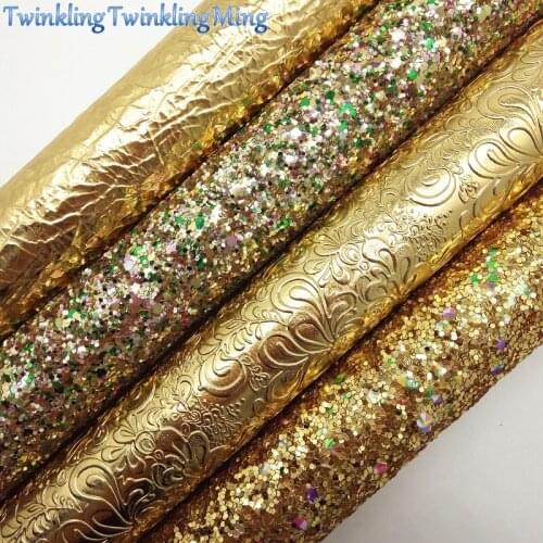 GOLD Glitter Fabric, Flowers Embossed Synthetic Leather, Winkle leather Sheets For Bow A4 21x29CM Twinkling Ming XM015B