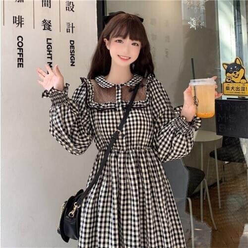 Japanese Kawaii College Style Lattice Hollow Out Women Dress 2020 Autumn Womens Sweet Girl Net Yarn Patchwork Long Sleeve Dress