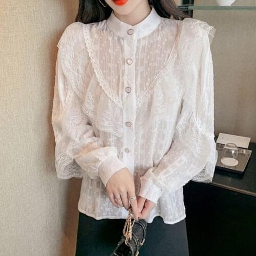 Autumn New 2021 fashion Lace Splicing Ruffle Long Sleeve shirt Womens button shirt harajuku Lace Ladies Tops Blouse Women 600F