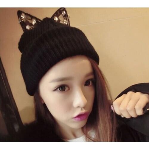 Winter Warm Knitted Hat Cute Beanie Cap Women Hat Wool Rhinestone Devil Horn Cat Ears Hat Skullies Beanies Female Thick Hats