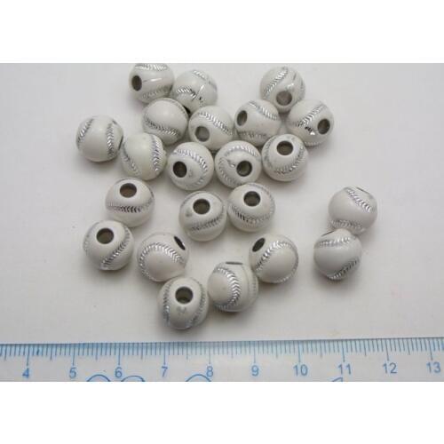 100 White Acrylic Sparkling Baseball Pattern Round Ball Beads 12mm