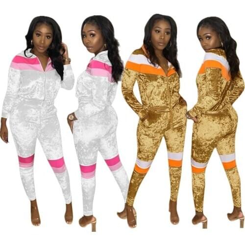 2020 New Style In Stock fall women velvet two piece set women patchwork two piece sport sets
