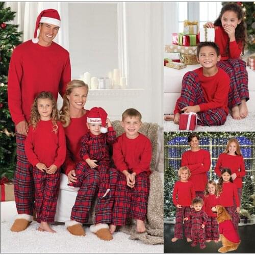 2021 Christmas Matching Family Outfits Father Mother Daughter Baby Nightwear Clothes Red Tops+Plaid Pants and Romper Family Look