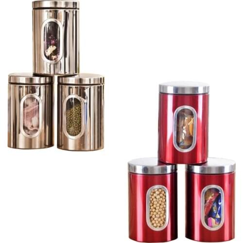 3pcs Stainless Steel Window Canister Tea Coffee Sugar Nuts Jar Storage Set (Red)
