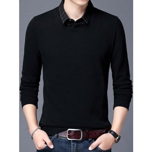 ARCSINX Black Men Sweater Oversize 3XL4XL 5XL Long Sleeve Cotton Mens Winter Sweater Faux Tow-Pieces Causal Mens Sweater XXL