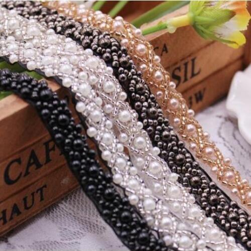 5Yards White Beading Pearl Trims Beaded Ribbon For Sewing Clothing Collar Headdress Accessories Mesh Organza Lace Decoration