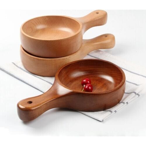 Wooden Bowl With Handle Salad Pasta Fruit Soup Snack Kimchi Rice Cereal Nut Cookies Serving Bowl Kitchen Decor Japanese Style
