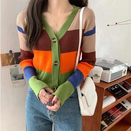 Autumn Knitted Cardigan Sweater Ladies Fashion Long Sleeve Tops Casual Single Breasted Stripe Streetwear Slim Female Short Coat