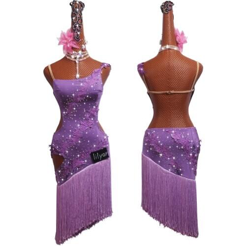 Latin dance competition costume costume performance clothing adult female custom dance costume purple tassel embroidery dress