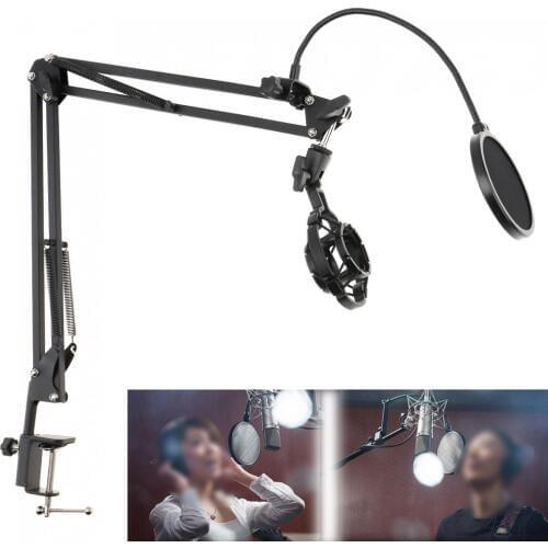 Multifunction Shockproof Microphone Holder Bracket with Double Layer Microphone Pop Filter and Table Clip LiveSpeaking Recording
