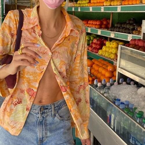 Puloru Women Button Down Shirts Vintage Printed Long Sleeve Turn down Collar Slim Fit Tops Summer Autumn Chic New Lady Shirts