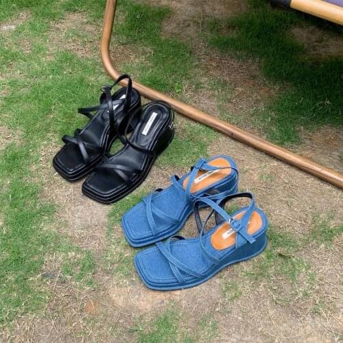 Wedge Sandals Women 2021 Summer Shoes Black Jean Blue Women Platform Shoes Outdoor Slides Square High Heel Ladies Shoes