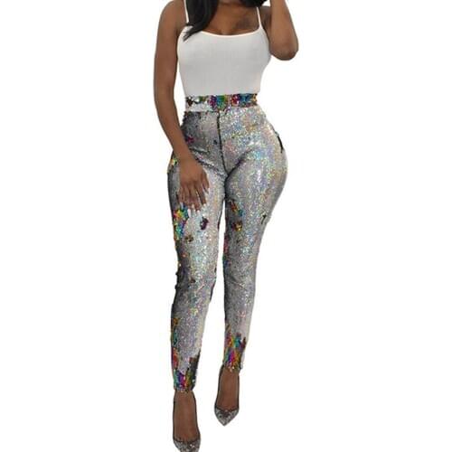 Sexy Nightclub Sparkly Sequin Pants Women High Waisted Pencil Pants Fashion Trousers Skinny Long Pants Party Leggings Female
