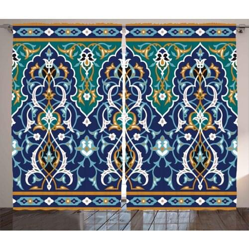 Oriental Moroccan Curtains Royal Eastern Ornaments Satin Fabric Drapes for Living Room Bedroom 2 Panel Window Set