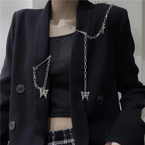 Sindlan 2Pcs Punk Silver Color Butterfly Pins for Women Goth Kpop Chain Set Croos Brooch Female Friends EMO Fashion Jewelry LGBT