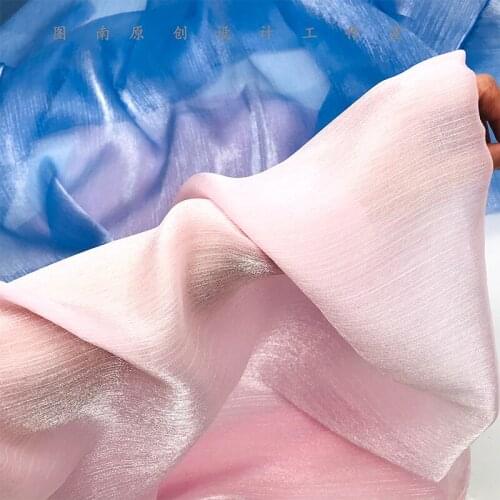 Chinese stlye landscape blue green ouganza yarn hanfu fabric for DIY dress 1order=4meter