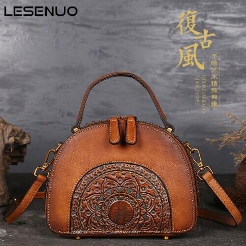 LESENUO Vintage Handbags Genuine Leather Women Crossbody Bags Luxury Designer Cow Leather Printing Multi-Function Shoulder Bag