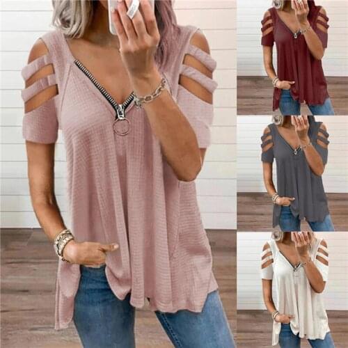 Womens New Fashion T-shirt Sexy V-neck T-shirt Zipper Solid Color Short Sleeve Casual T-shirt Loose Strapless T-shirt Plus Size