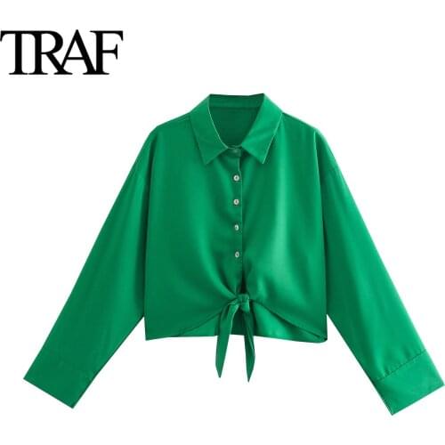 TRAF Za Women Clothing Bow Knotted Button Up Short Shirts Green Long Sleeve Blouse Loose Chic Office Ladies Tops Mujer