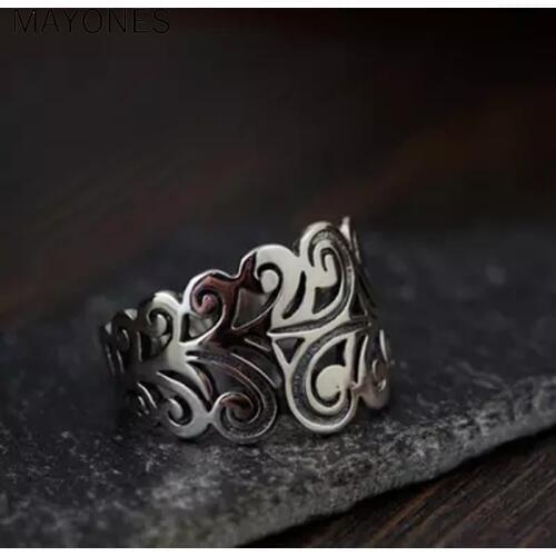 MAYONES 925 Sterling Silver Rings For Women Pure Silver Hollow Vintage Rattan Flower Carving Wide Rings Bagues Femme
